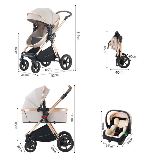 Kinderwagen 3 in 1 – Faltbarer Kombikinderwagen mit Buggy & Babywanne, Leichtes Aluminiumgestell
