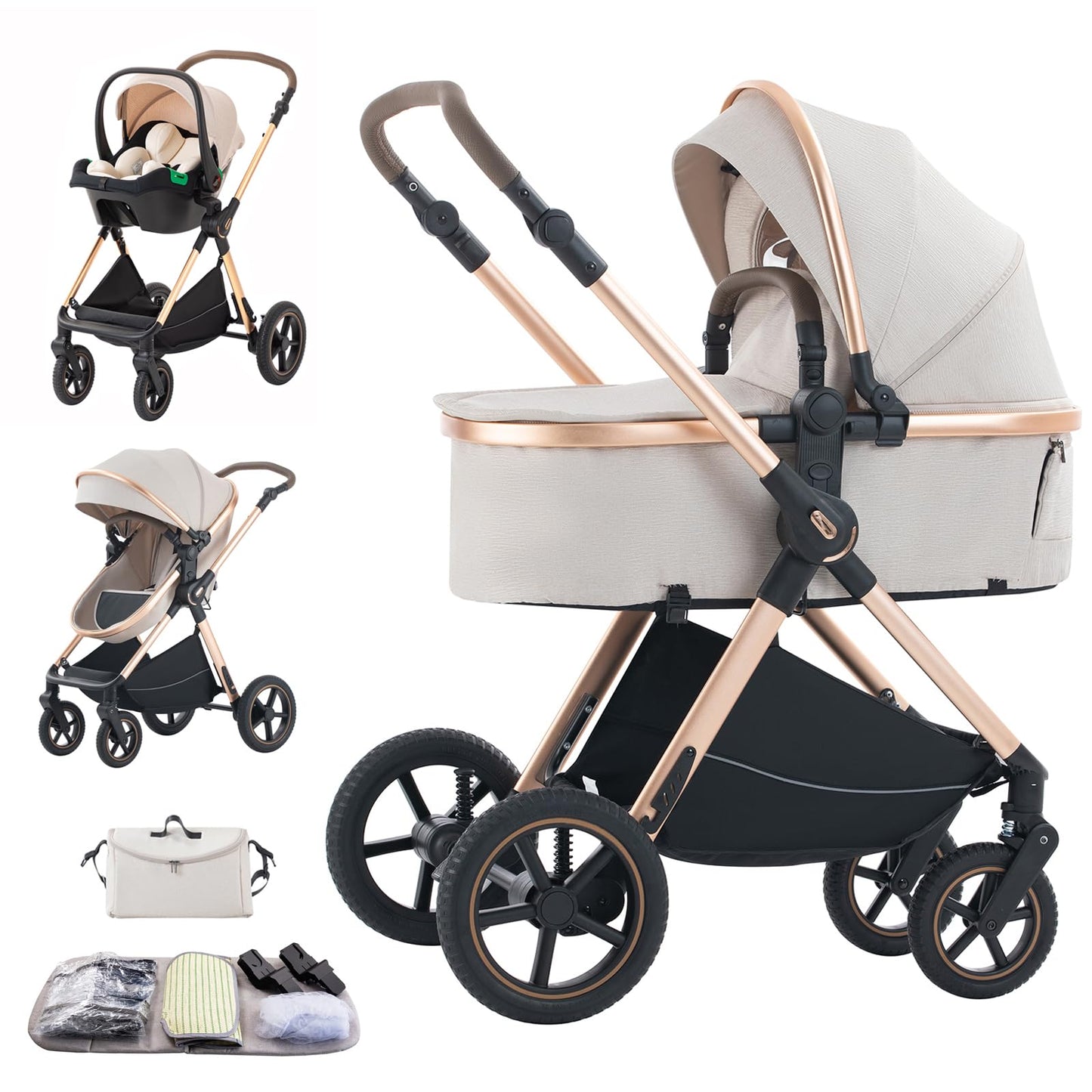 Kinderwagen 3 in 1 – Faltbarer Kombikinderwagen mit Buggy & Babywanne, Leichtes Aluminiumgestell